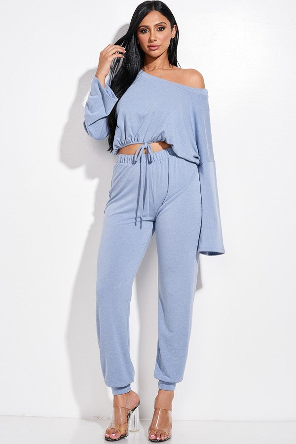 Solid French Terry Long Sleeve Tie Front Slouchy Top And Jogger Pants Two Piece Set Sunny EvE Fashion