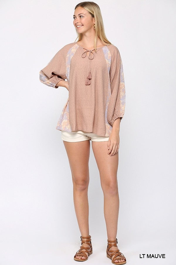 Solid Crinkle And Print Mix Raglan Sleeve Top With Tassel Tie Sunny EvE Fashion