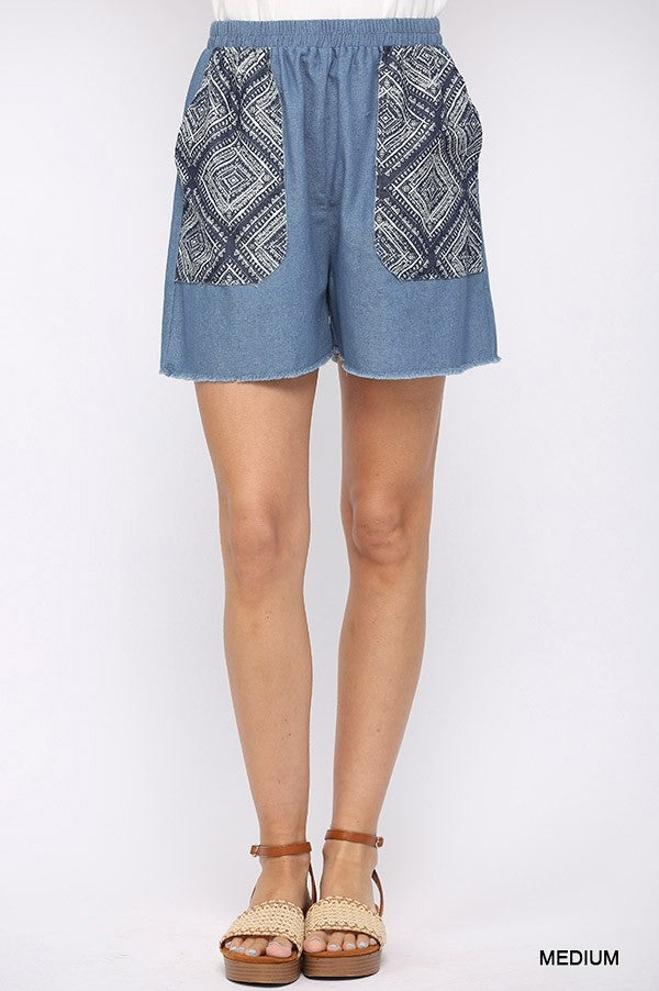 Denim And Print Pockets Elastic Waist Shorts With Raw Hem Sunny EvE Fashion