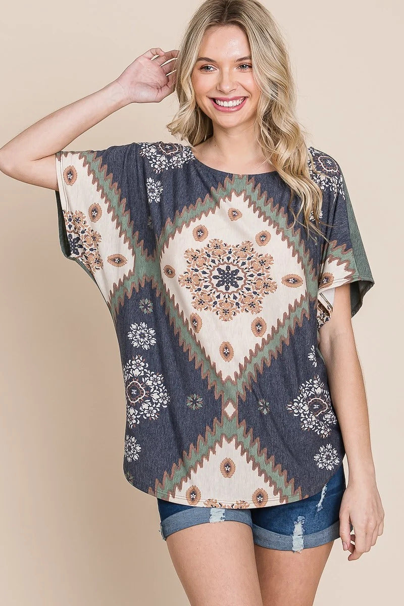Floral Chevron Printed Off Shoulder Dolman Sleeves Top Sunny EvE Fashion