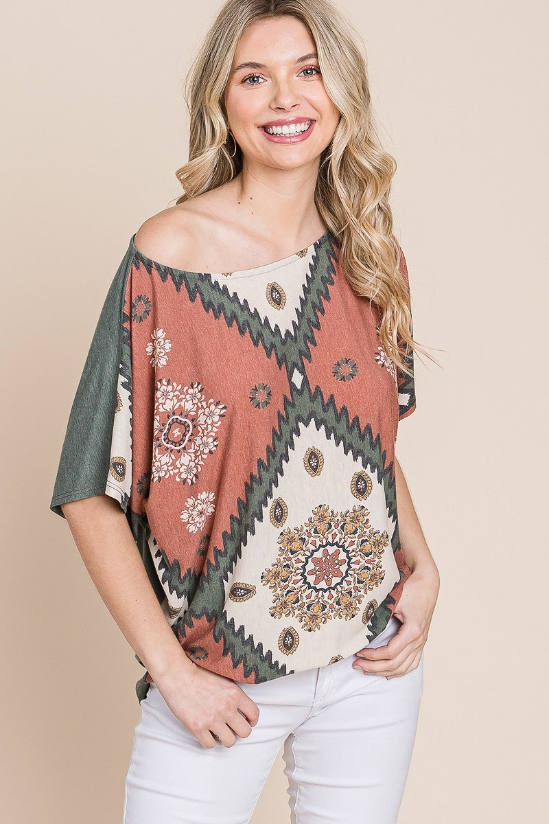 Floral Chevron Printed Off Shoulder Dolman Sleeves Top Sunny EvE Fashion