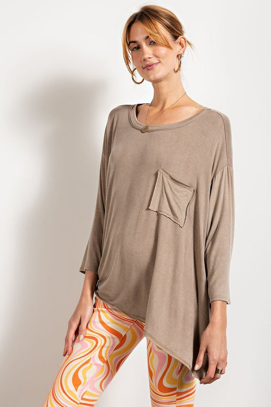 Rounded Neckline 3/4 Sleeves Washed Top Sunny EvE Fashion