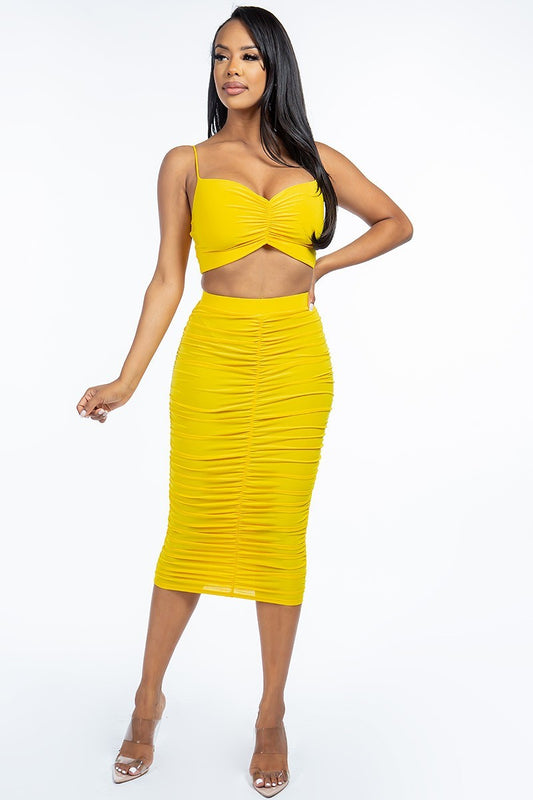 Solid Ruched Spaghetti Strap Tank Top And Midi Skirt Two Piece Set Sunny EvE Fashion