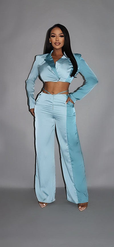 Colorblock Crop Blazer With Matching Low Rise Wide Leg Pant Set With Pockets Sunny EvE Fashion