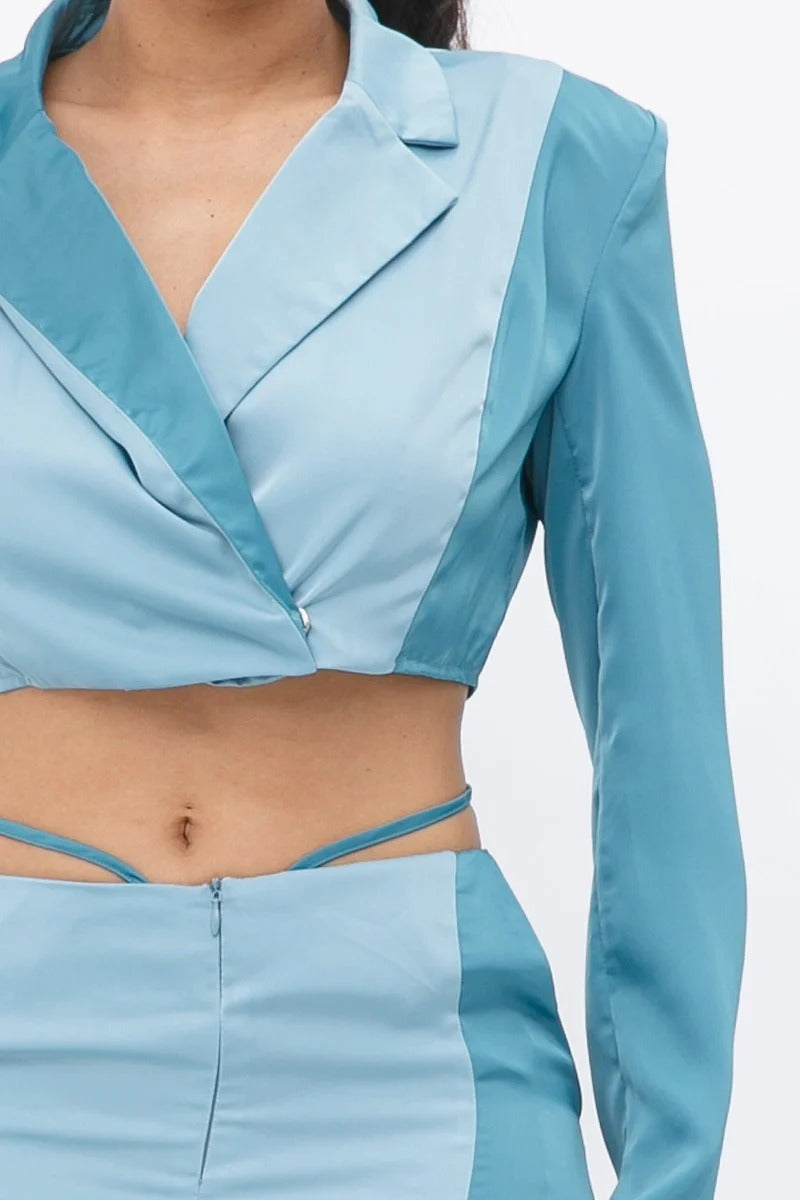 Colorblock Crop Blazer With Matching Low Rise Wide Leg Pant Set With Pockets Sunny EvE Fashion