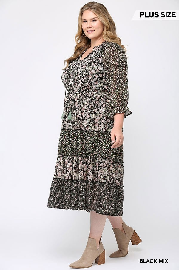 Floral Print Mixed And Tiered Chiffon Dress With Full Lining Sunny EvE Fashion