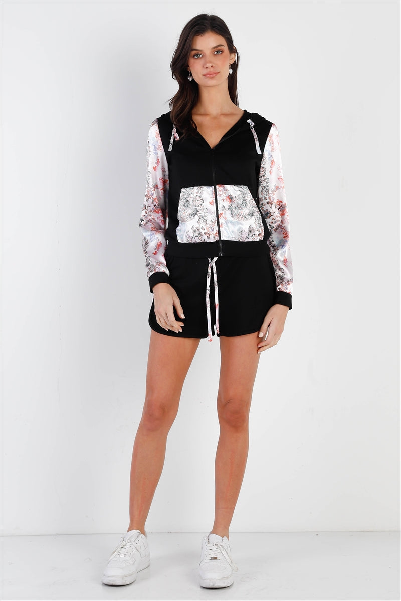 Black & Multi Color Print Colorblock Zip-up Hooded Top & Short Set Sunny EvE Fashion
