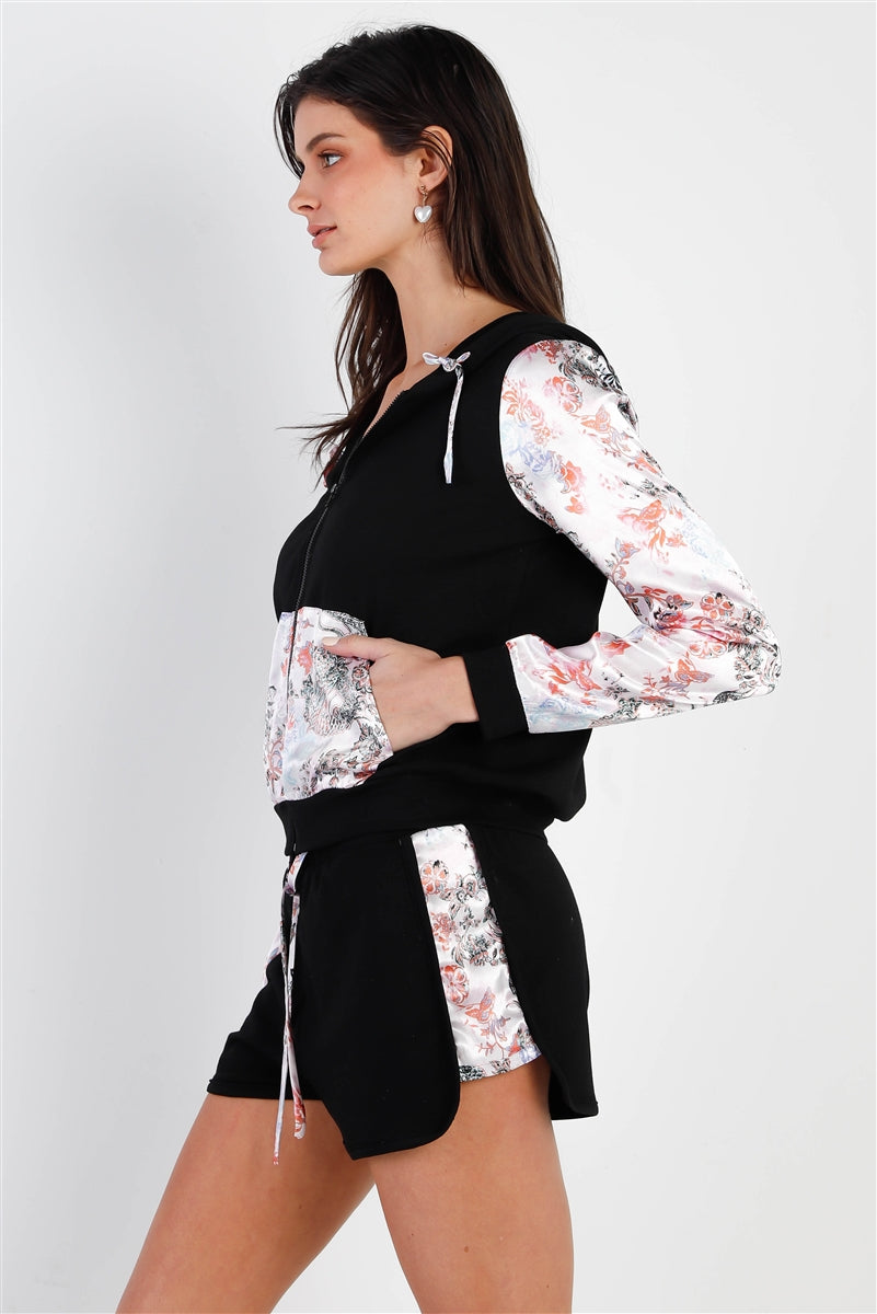 Black & Multi Color Print Colorblock Zip-up Hooded Top & Short Set Sunny EvE Fashion
