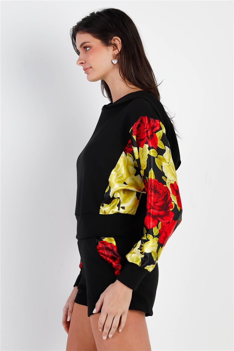 Black & Satin Effect Red & Lime Floral Print Hooded Top & Short Set Sunny EvE Fashion