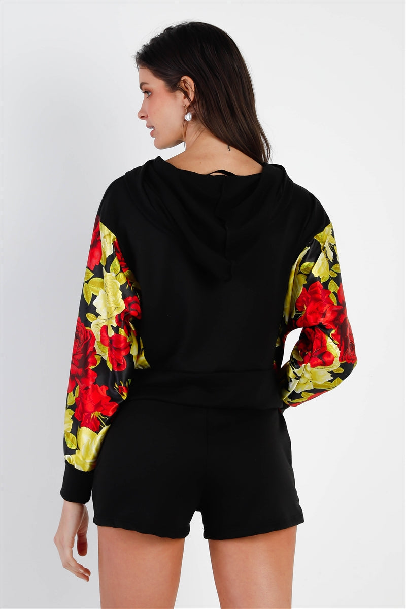 Black & Satin Effect Red & Lime Floral Print Hooded Top & Short Set Sunny EvE Fashion