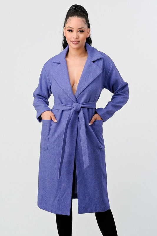 Luxe Wool Waist Tie Side Pockets Midi Length Coat Sunny EvE Fashion