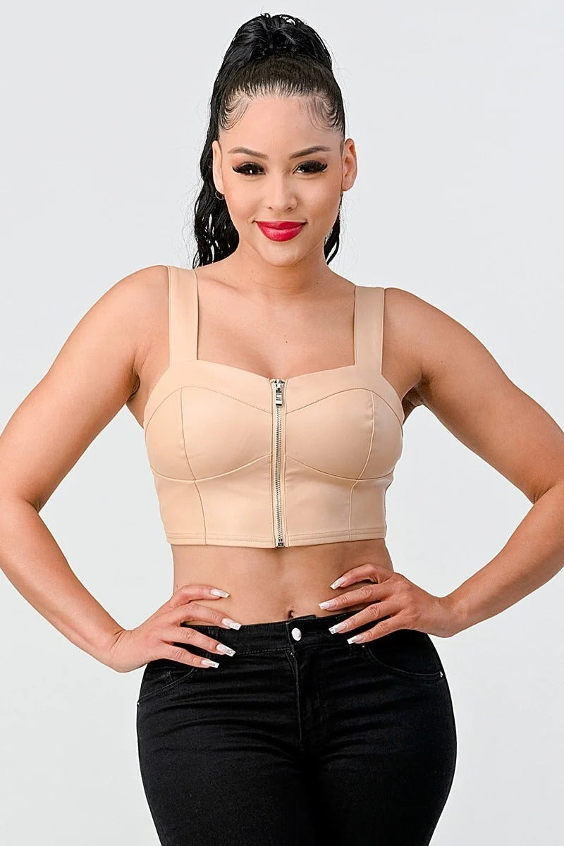 Lux Faux Leather Pu Zipup Strap Sleeveless Cropped Top Sunny EvE Fashion