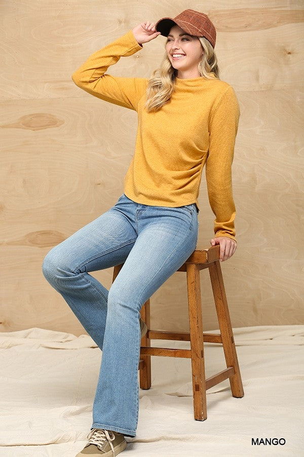 Solid And Cozy Soft Knit Mock Neck Top With Side Ruched Detail Sunny EvE Fashion