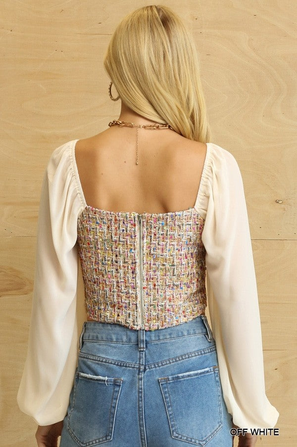 Tweed Bodice And Chiffon Square Top With Back Zipper Sunny EvE Fashion