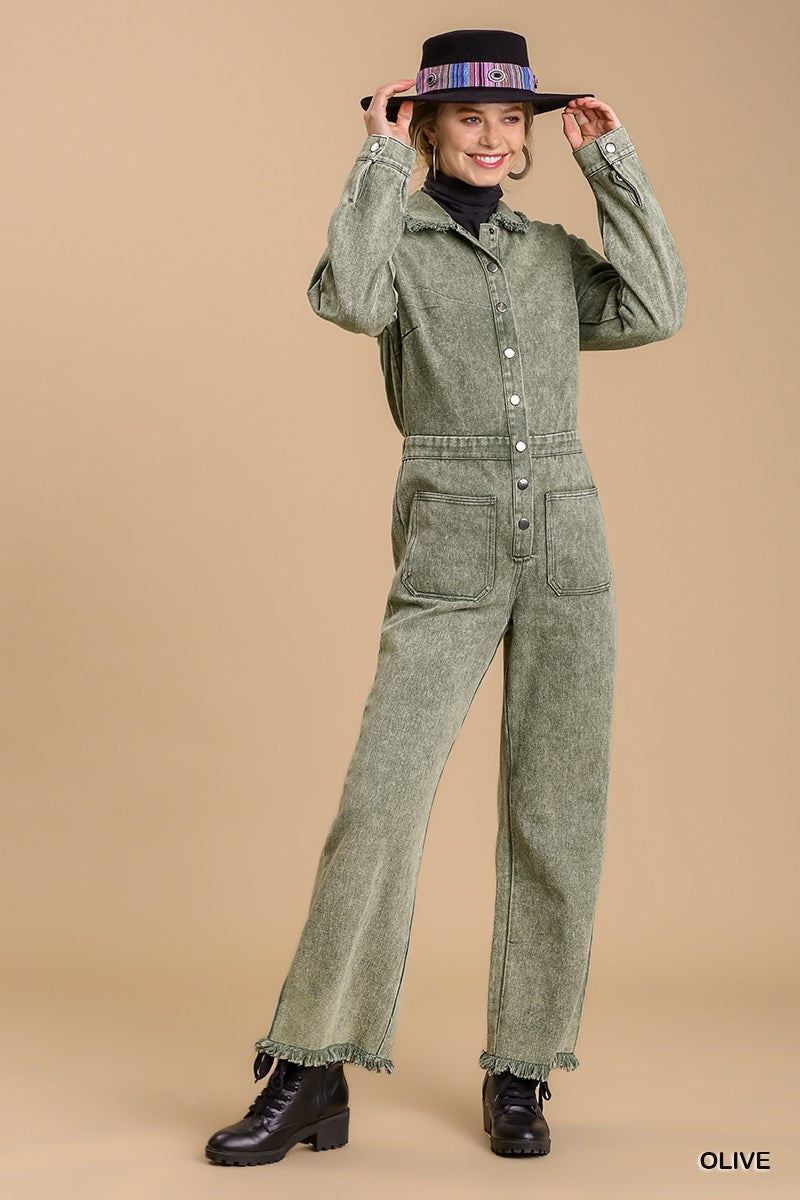 Mid button down stone wash wide leg distressed jumpsuit & side pockets with no lining Sunny EvE Fashion