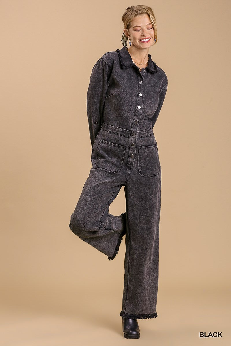 Mid button down stone wash wide leg distressed jumpsuit & side pockets with no lining Sunny EvE Fashion