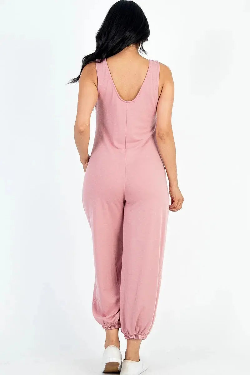 Casual Solid French Terry Sleeveless Scoop Neck Front Pocket Jumpsuit Sunny EvE Fashion