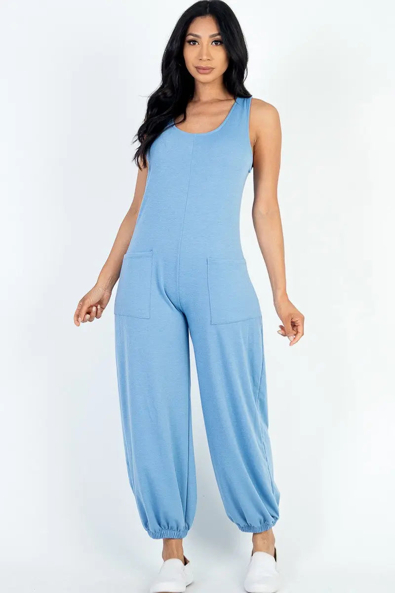 Casual Solid French Terry Sleeveless Scoop Neck Front Pocket Jumpsuit Sunny EvE Fashion