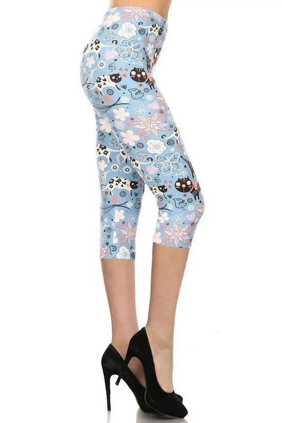 Cats And Flowers Printed, High Waisted Capri Leggings Sunny EvE Fashion