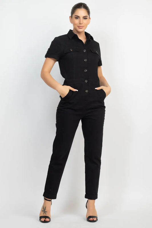 Collared Button-front Jumpsuit Sunny EvE Fashion