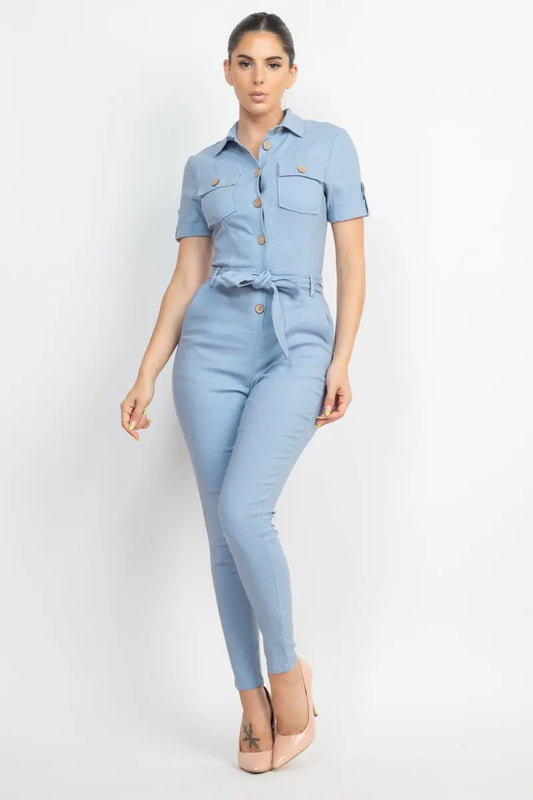 Collared Waist-tie Buttoned Jumpsuit Sunny EvE Fashion