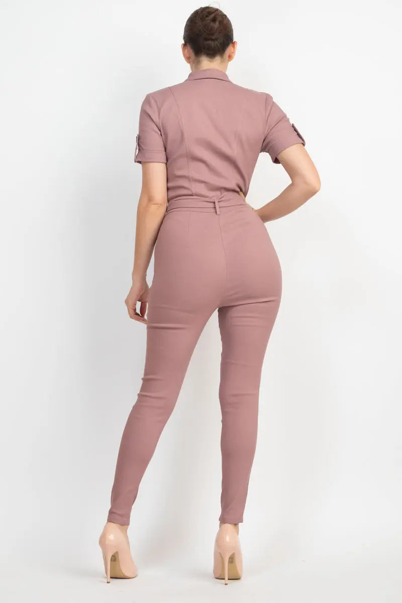 Collared Waist-tie Buttoned Jumpsuit Sunny EvE Fashion