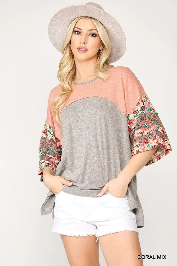 Colorblock Knit And Floral Print Mixed Top With Dolman Sleeve Sunny EvE Fashion