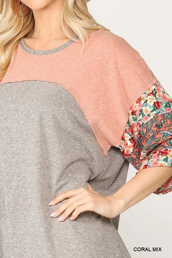 Colorblock Knit And Floral Print Mixed Top With Dolman Sleeve Sunny EvE Fashion