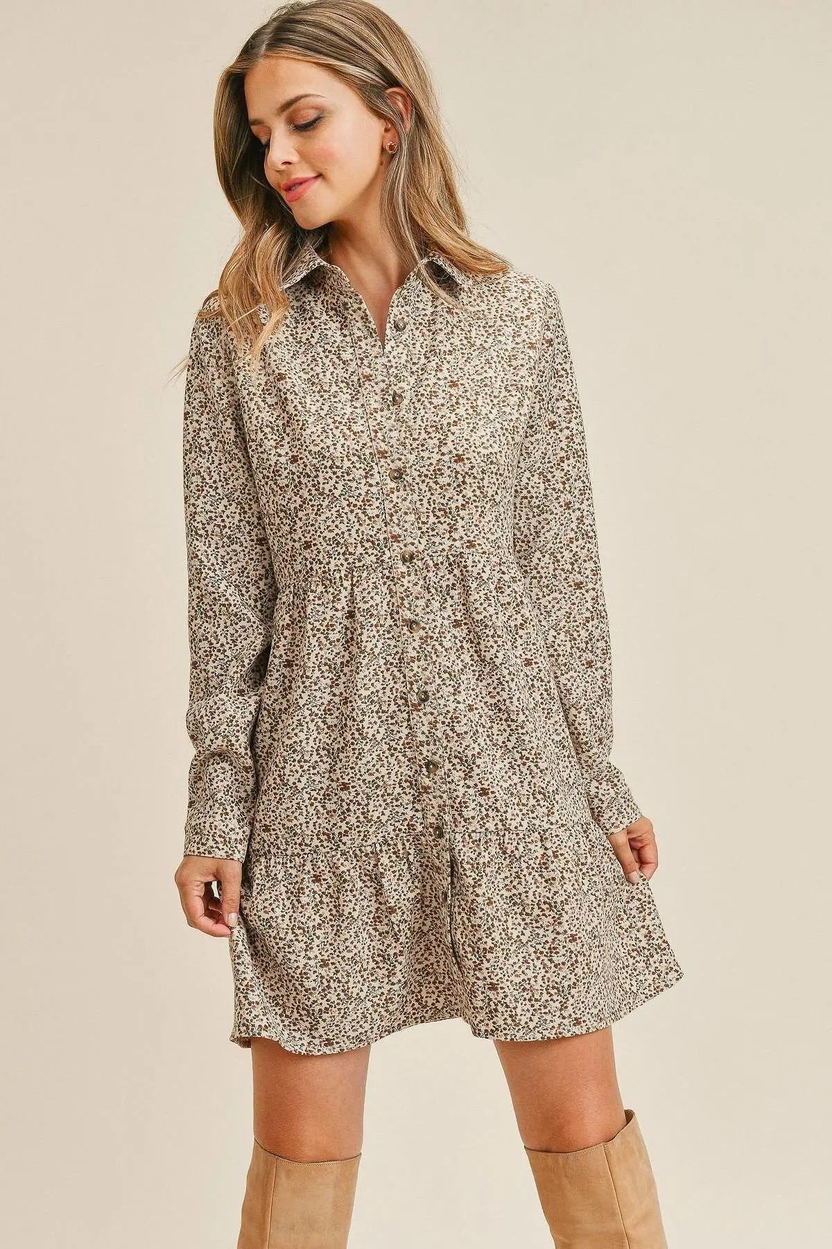 Corduroy Printed Button Down Front Collar Long Sleeve Dress Sunny EvE Fashion