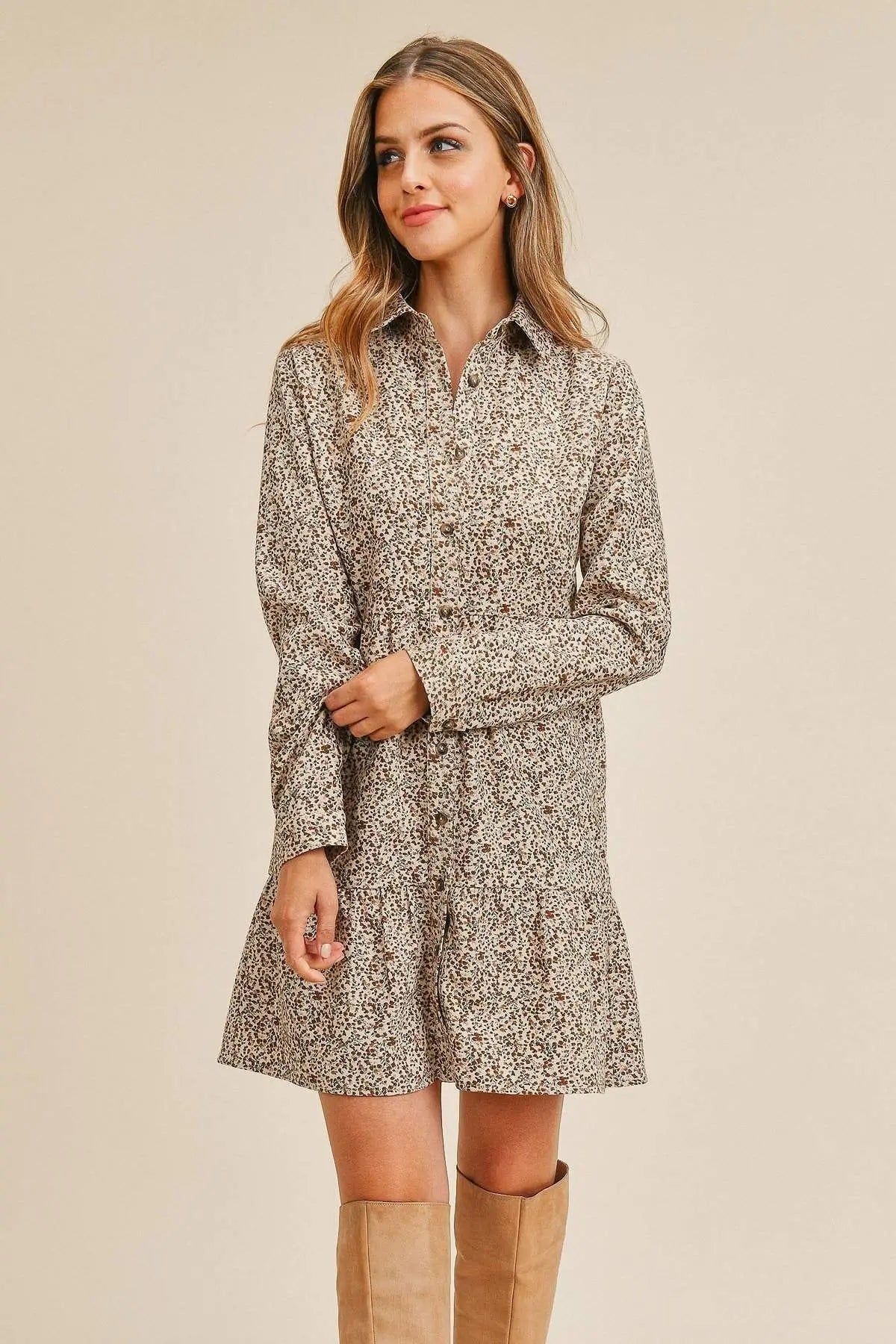 Corduroy Printed Button Down Front Collar Long Sleeve Dress Sunny EvE Fashion