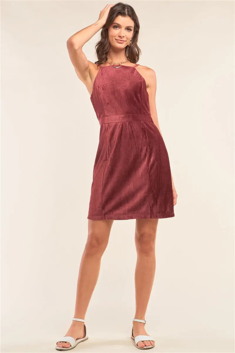 Cranberry Red Corduroy Sleeveless Square Neck Tight Fit Mini Dress Sunny EvE Fashion