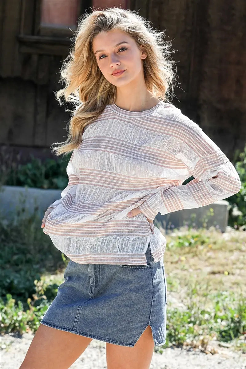 Crochet Stripe Long Sleeve Semi-sheer Top Sunny EvE Fashion