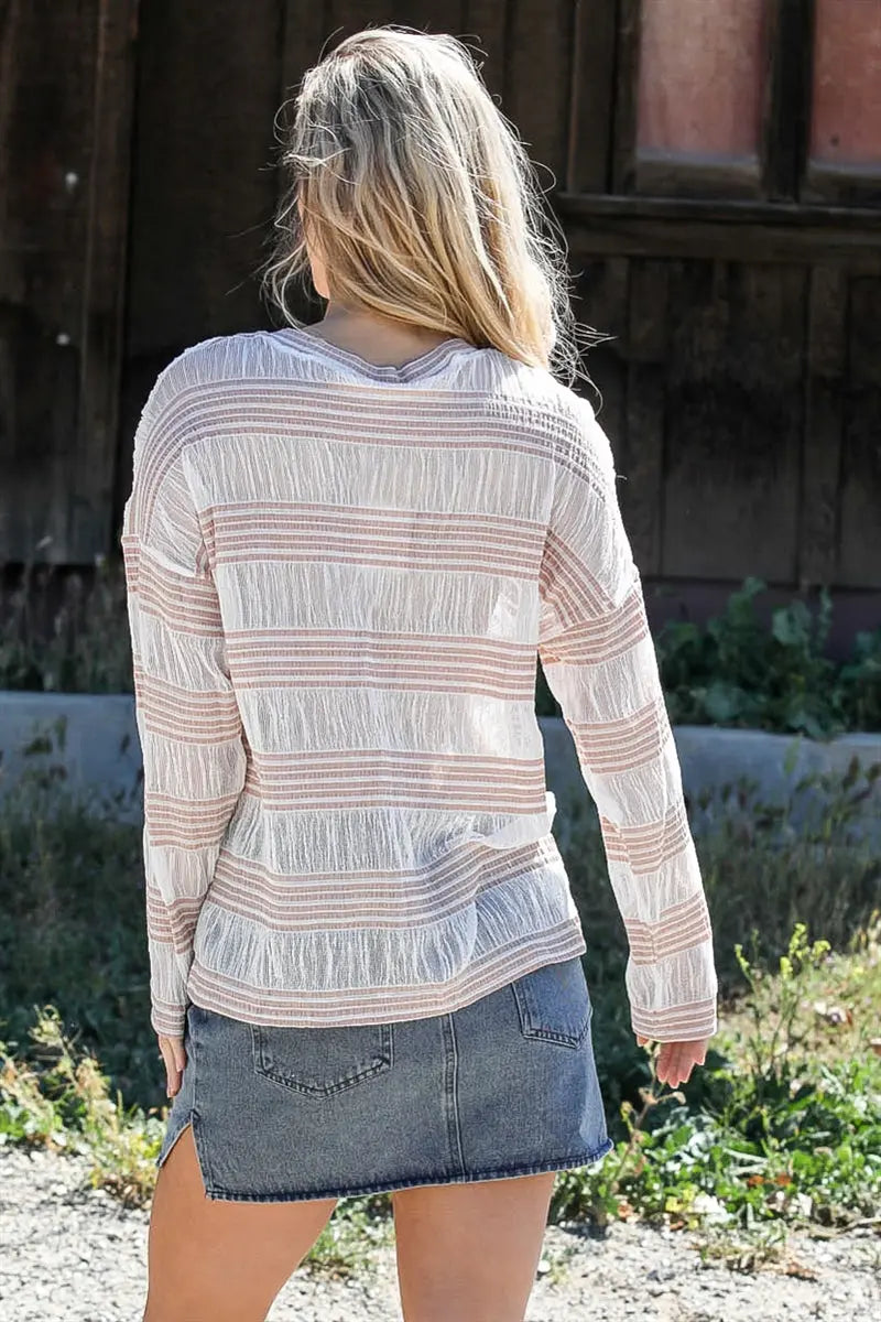 Crochet Stripe Long Sleeve Semi-sheer Top Sunny EvE Fashion