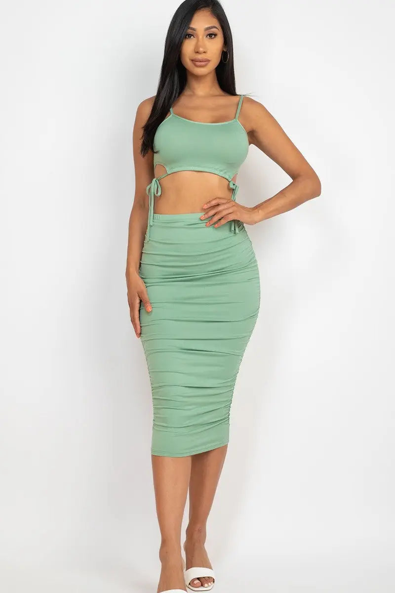 Cut-out Tie Side Crop Top & Ruched Midi Skirt Set Sunny EvE Fashion