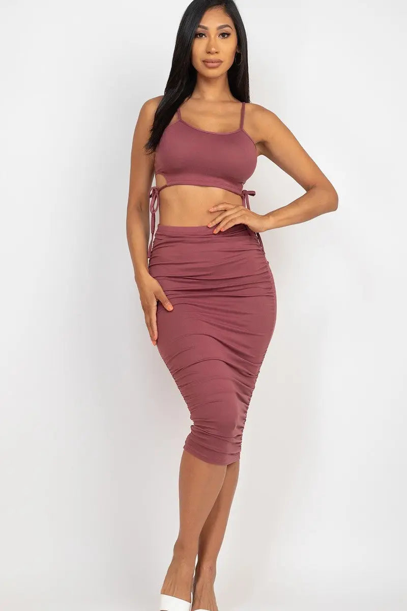 Cut-out Tie Side Crop Top & Ruched Midi Skirt Set Sunny EvE Fashion