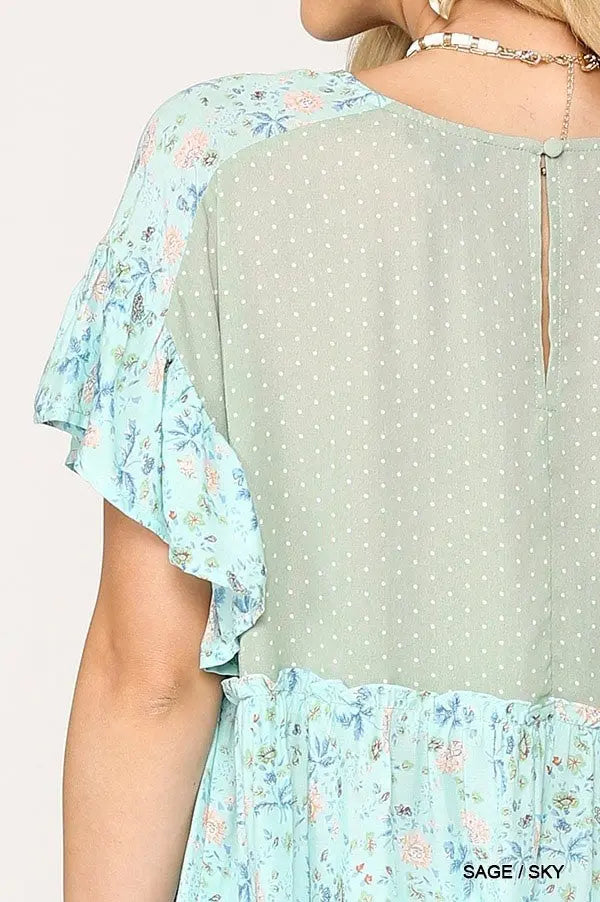 Dot And Floral Print Mixed Ruffle Top With Back Keyhole Sunny EvE Fashion