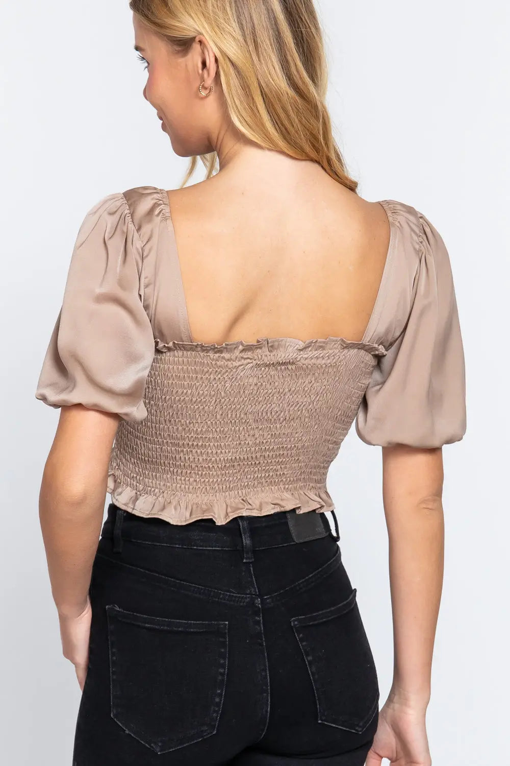 Elbow Sleeve Straight Neck Smocking W/ruffle Detail Woven Top Sunny EvE Fashion