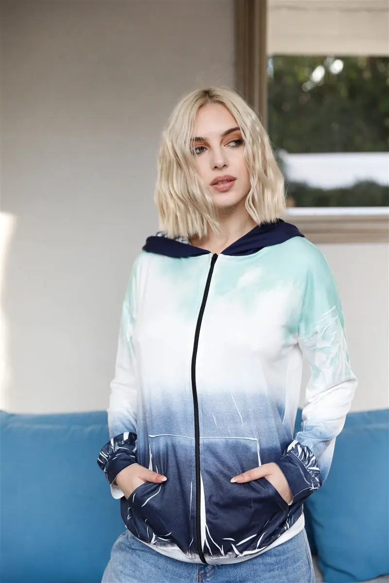 Feather & Tie-dye Print Contrast Plaid Hood Sweater Sunny EvE Fashion