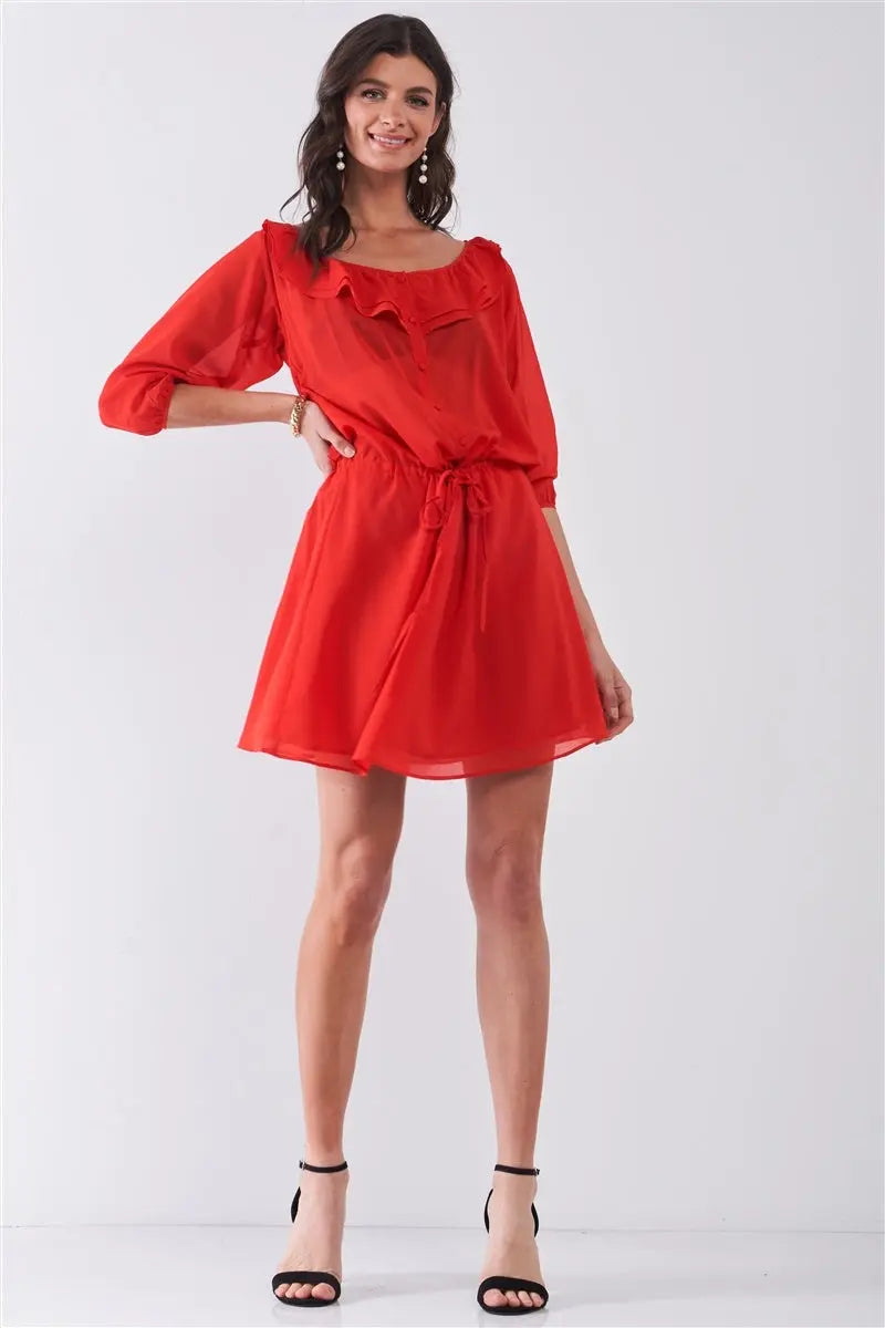Flame Red Boat Neck Ruffle Collar Midi Sleeve Self-tie Waist Front Button Down Mini Dress Sunny EvE Fashion