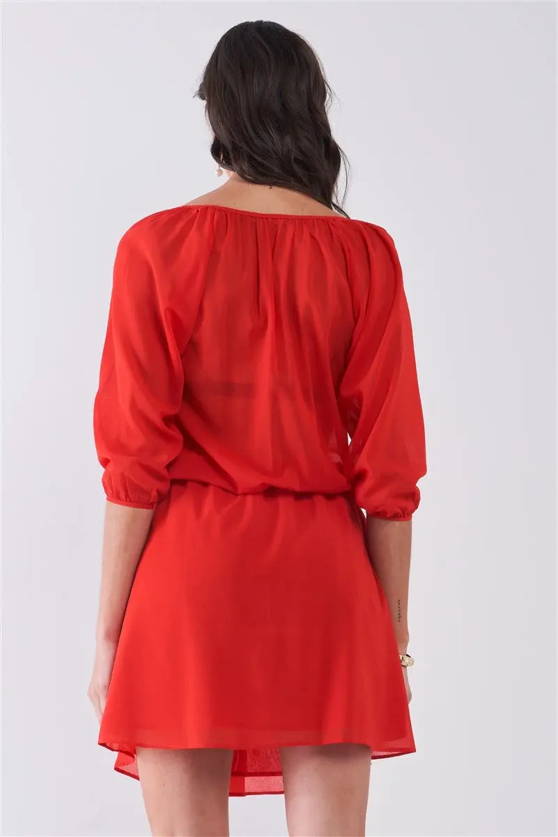 Flame Red Boat Neck Ruffle Collar Midi Sleeve Self-tie Waist Front Button Down Mini Dress Sunny EvE Fashion