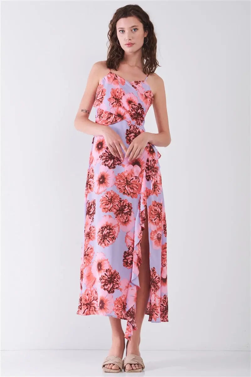 Floral Print Sleeveless Self-tie Wide Wrap Front Ruffle Hem Side Slit Detail Midi Dress Sunny EvE Fashion