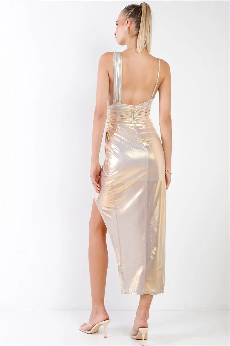 Gold Iridescent V-neck Wrap Gathered Deep Side Slit Different Straps Maxi Dress Sunny EvE Fashion