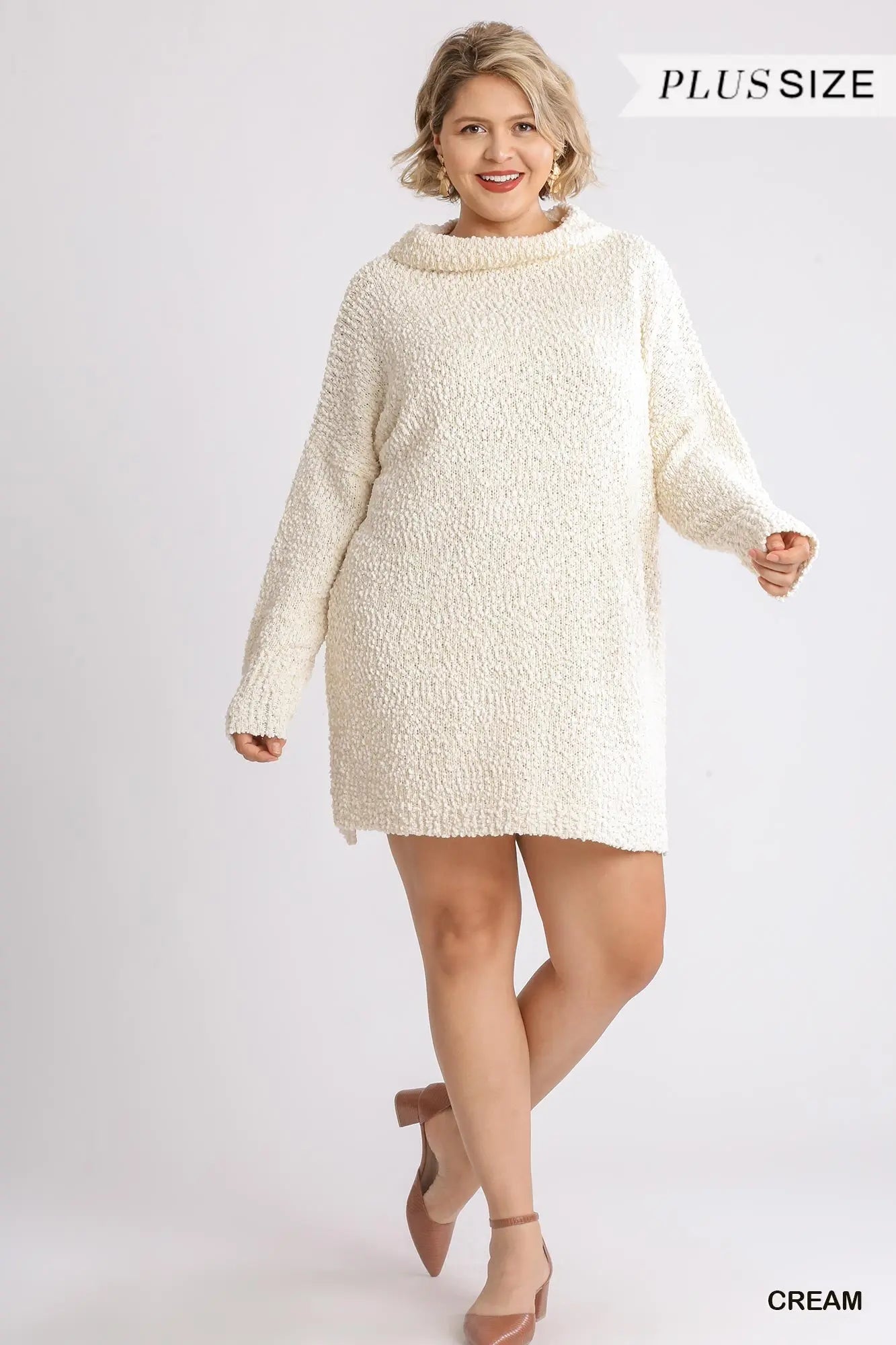 High Cowl Neck Bouclé Long Sleeve Sweater Dress Sunny EvE Fashion