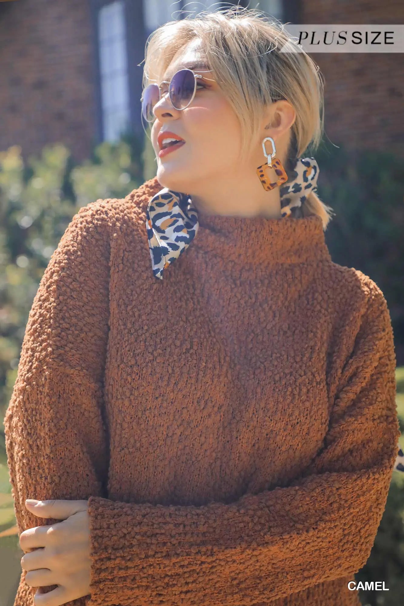 High Cowl Neck Bouclé Long Sleeve Sweater Dress Sunny EvE Fashion
