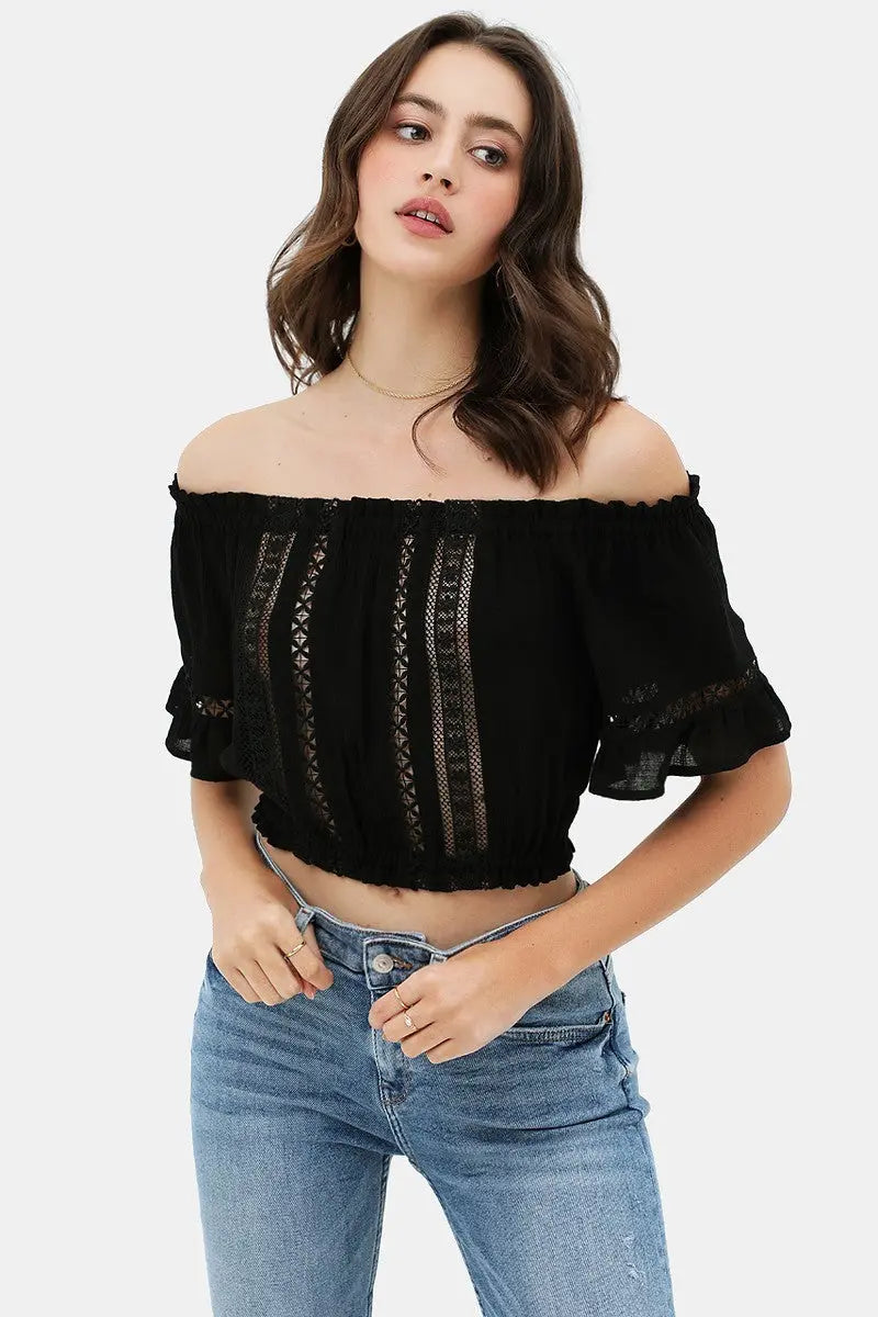 Lace Trim On The Front And Sleeves, Waist Band Cropped Top Sunny EvE Fashion