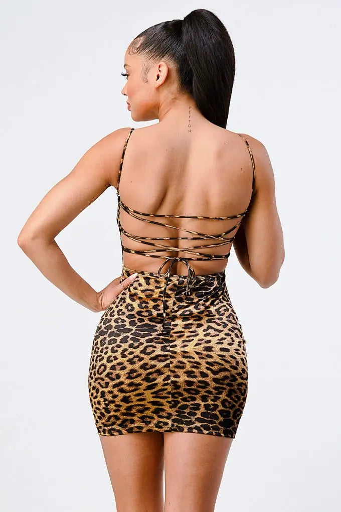 Leopard Print Knit Satin Mini Dress Sunny EvE Fashion