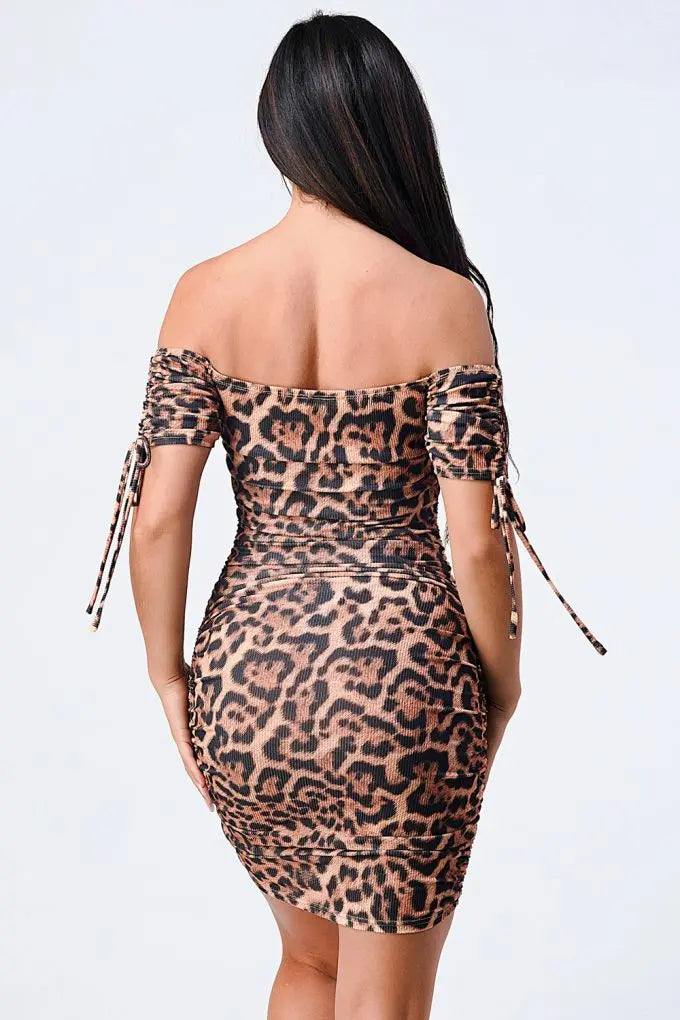 Leopard Print Off Shoulder Shirring Bodycon Dress Sunny EvE Fashion