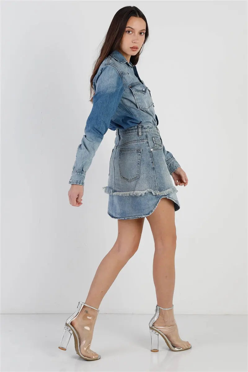 Light Denim Cotton Button Up Long Shirt & Mini Skirt Set Sunny EvE Fashion