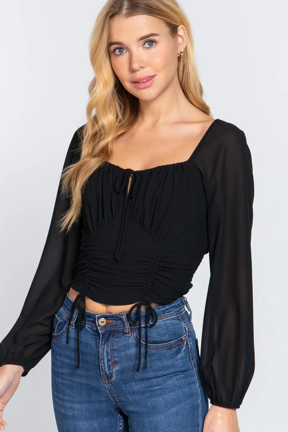 Long Sleeve Front Tied Ruched Detail Woven Top Sunny EvE Fashion
