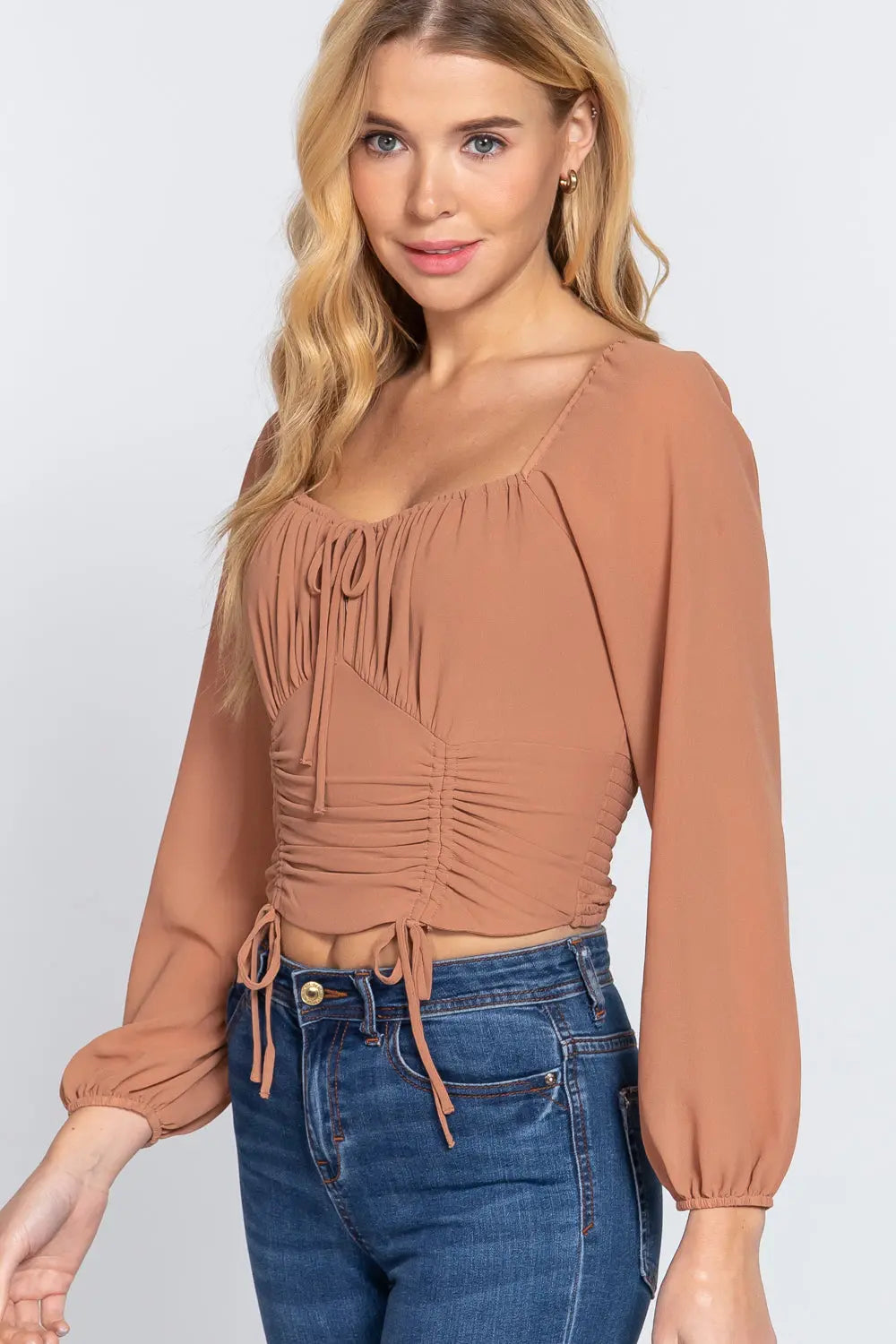 Long Sleeve Front Tied Ruched Detail Woven Top Sunny EvE Fashion